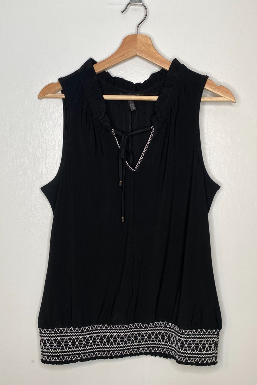 WHBM Black Sleeveless Tie Neck Blouse Women's Ruffle Stretch Top Size S